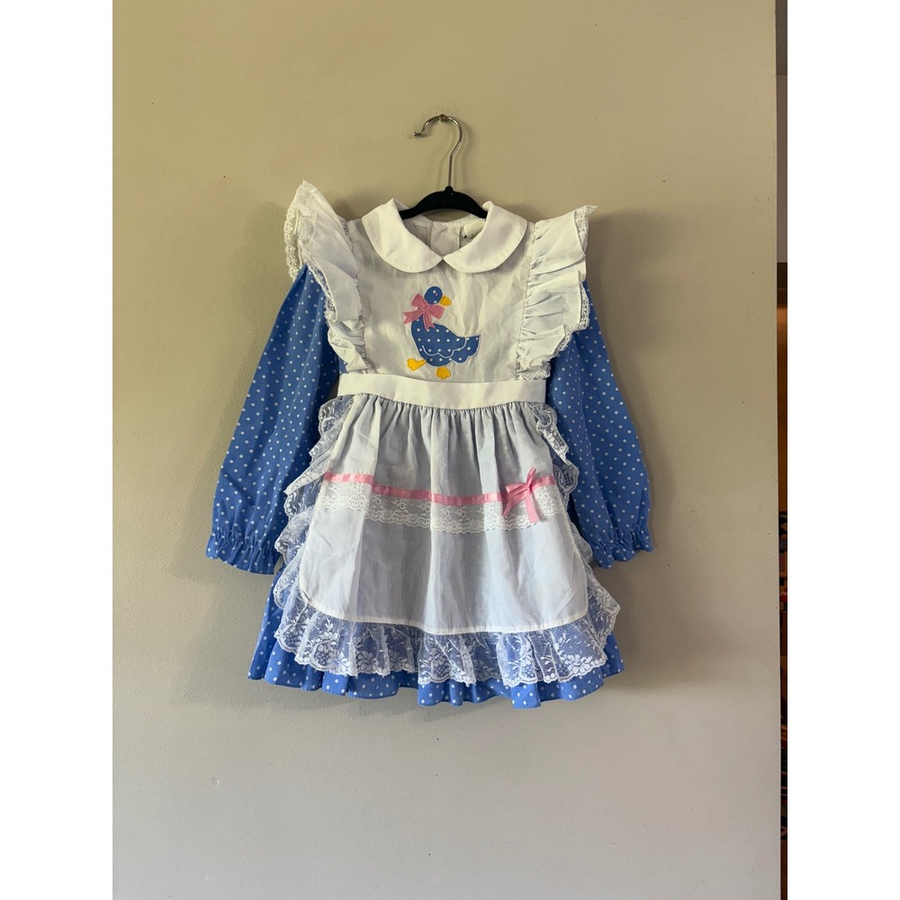 Vintage Fayette Girls Blue Polka Dot Apron Dress White Lace Pinafore Duck Size 4